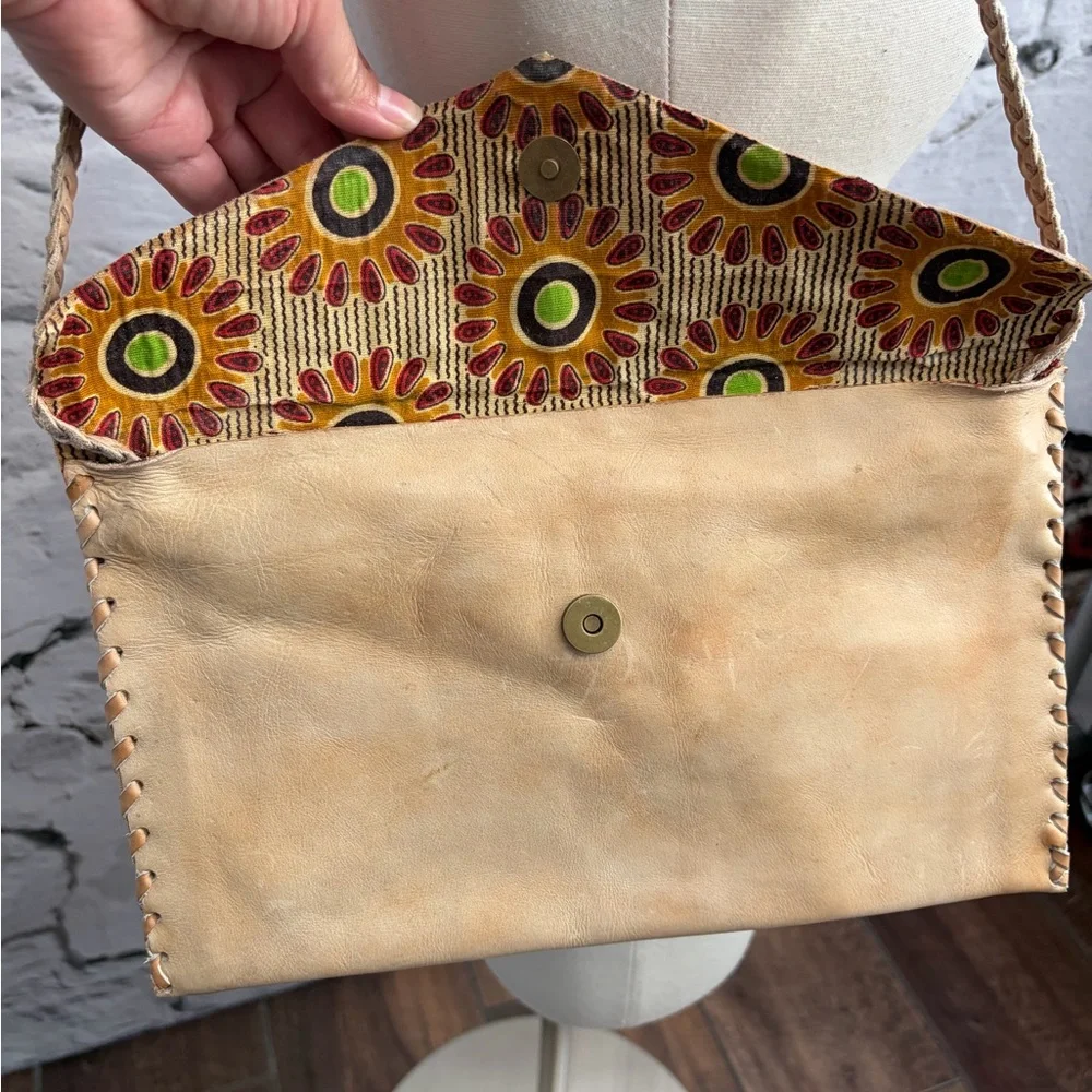 Handmade No Sew Leather Multicolor Beaded Striped Tribal Neutral Crossbody Bag‎